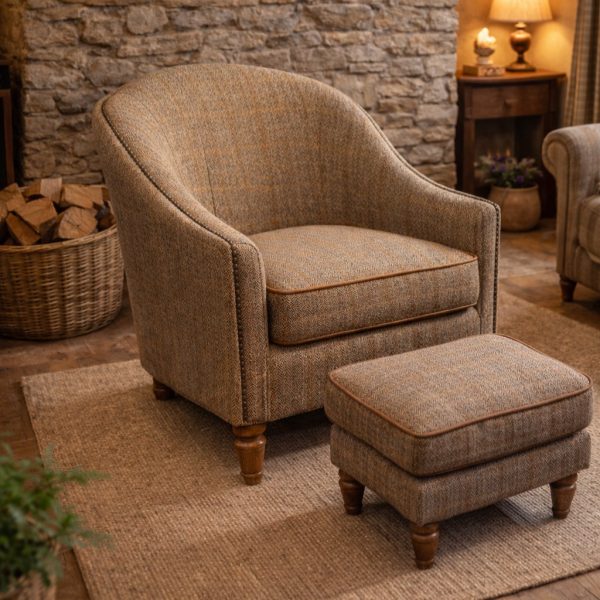 Alba Chair In Tweed With Leather Piping