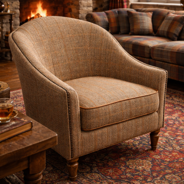 Alba Chair In Tweed With Leather Piping
